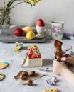 Easter still life with sweets, eggs and chocolate hare