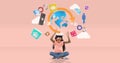 Child using VR headset exploring digital world with interactive icons floating