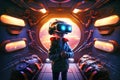 Child using VR headset in space adventure game, kid in metaverse, generative AI