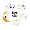 Child vector set with cute sleeping animals. Panda, koala, tiger, deer, bear. Funny animal for baby graphic suit Royalty Free Stock Photo