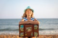 Child with vintage suitcase on summer vacation Royalty Free Stock Photo