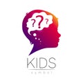 Child violet logotype with brain and question in vector. Silhouette profile human head. Concept logo for people Royalty Free Stock Photo