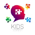 Child violet logotype with few puzzle in vector. Silhouette profile human head. Concept logo for people, children