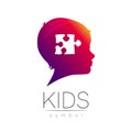 Child violet logotype with puzzle in vector. Silhouette profile human head. Concept logo for people, children, autism