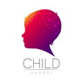 Child violet logotype in vector with brain. Silhouette profile human head. Concept logo for people, children, autism Royalty Free Stock Photo