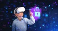 Child in vr glasses, finger touching glowing padlock, kids safe