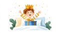child waking up excited with crown on head and wrapped present from Epiphany morning Royalty Free Stock Photo