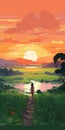 Child Walking Across Romantic Terrain At Sunset