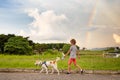 Child walking dog. Kid and pet watch rainbow Royalty Free Stock Photo