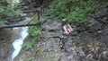 Child Walking Mountain Trail in Camping, Kid Hiking, Girl in Forest Adventure Royalty Free Stock Photo