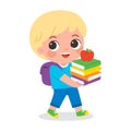A child walks while carrying a stack of books with an apple placed on top. Royalty Free Stock Photo