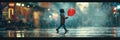 Person Walking in Rain With Red Balloon. Generative AI. Royalty Free Stock Photo