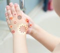 A child washes his hands with soap in the bathroom. The concept of hygiene and clean hands, infection, close-up