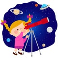 Child watching the night sky with a telescope. Vector illustration