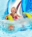 Child on water slide at aquapark. Royalty Free Stock Photo