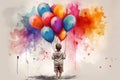 Child watercolors colorful balloons. Generate Ai