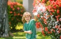 Child watering flowers and plants in garden. Kid with water hose in backyard. Kids gardening. Kids summer fun outdoor at