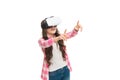 Child wear hmd explore virtual or augmented reality. Future technology. Girl interact cyber reality. Play cyber game and