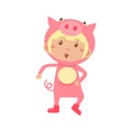 Child Wearing Costume of Piggy. Vector Illustration