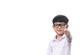 A child wearing glasses looks smart is thumbs up isolated on white background. Little boy smiles and thumbs up Royalty Free Stock Photo