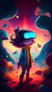 Child wearing VR glasses and wandering in the imagination. Ai generated