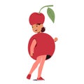 Child Wears A Vibrant Cherry Costume, Delightfully Embodying The Fruity Spirit. Girl Character With A Cheerful Smile