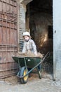 Child fixes a barrow with hay Royalty Free Stock Photo