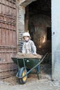 Child fixes a barrow with hay Royalty Free Stock Photo