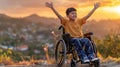 Child in wheelchair captivated by beautiful sunset against stunning mountain scenery