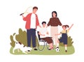 Child on wheelchair together with his family. Sports activities for disabled people inclusion. Handicapped boy on wheel