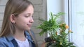 Child on window, teenager girl admiring gardening the flowers, kid gardener