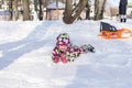 Child on winter and snowy background Royalty Free Stock Photo