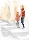 Child and woman cross the road at a pedestrian crossing. Minimalist stylized sketch. Isolated on white. Hand drawn watercolor with