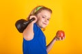 Child workout. Kid sport. Child exercising with kettlebell dumbbells. Sporty child with dumbbell. Royalty Free Stock Photo