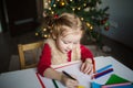 The child writes a letter to Santa Claus. a little girl draws with crayons on the background of the Christmas tree Royalty Free Stock Photo