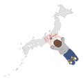 The child writes the word Japan in Japanese on the map. vector illustration.