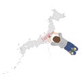 The child writes the word Japan on the map. vector illustration.