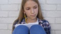 Child Writing, Studying, Thoughtful Kid, Pensive Student Learning Schoolgirl Royalty Free Stock Photo