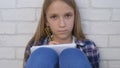 Child Writing, Studying, Thoughtful Kid, Pensive Student Learning Schoolgirl Royalty Free Stock Photo