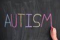 Child writing the word Autism on a blackboard