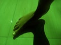 Child ankles and black shadow on a green floor