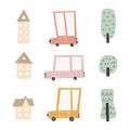 Child's city cars set with cute houses and trees. Funny transport. Cartoon vector illustration in simple childish hand Royalty Free Stock Photo