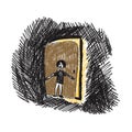 Child's drawing of a boy near a door in the dark, drawing of a traumatized child