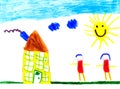 Child\'s drawing of a house on a sunny day Royalty Free Stock Photo