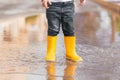 Child& x27;s feet in yellow rubber boots jumping over a puddle in the rain Royalty Free Stock Photo