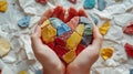 Child& x27;s hands holding a multicolored heart on dark blue background.