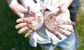 Child& x27;s palms stained with dirt and dirt close-up. Royalty Free Stock Photo