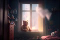 a child's room, with puffs of smoke coming from the window, and a teddy bear sitting at the window