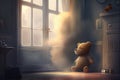 a child's room, with puffs of smoke coming from the window, and a teddy bear sitting at the window