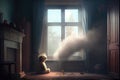 a child's room, with puffs of smoke coming from the window, and a teddy bear sitting at the window